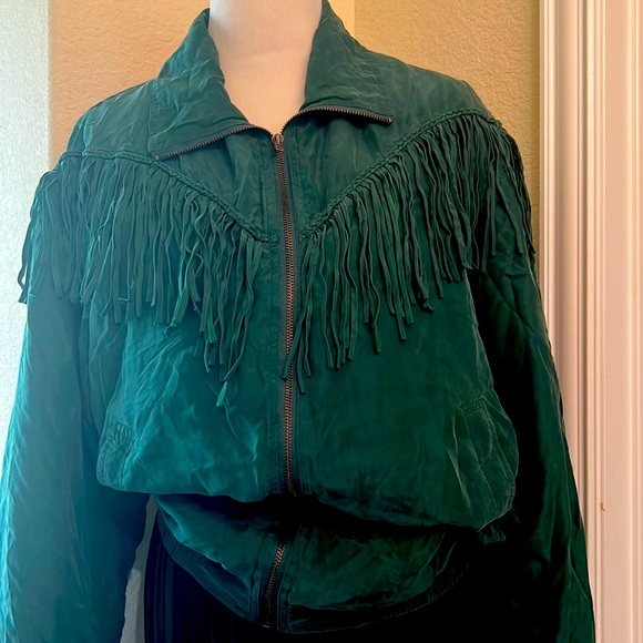 Vintage XL Womens Fringed Bomber 100% SILK - Picture 1 of 2